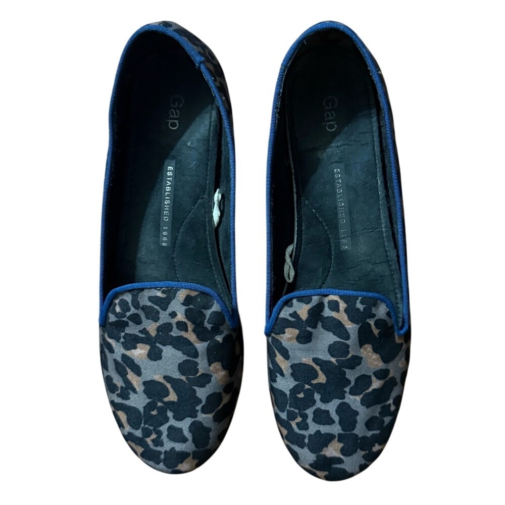 Gap Leopard Print Canvas Loafers Grey Blue Trim Slip On Flats Shoes Womens 8